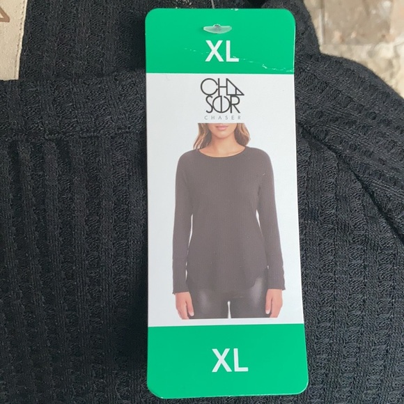 Chaser black waffle weave long sleeve shirt tunic rounded hi lo button sleeve - Picture 13 of 16